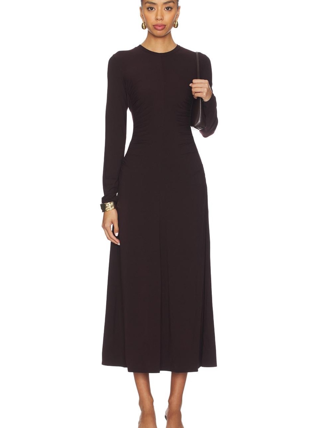Vince Ruched-Seam Long-Sleeve Dress / Curved Seam Rouched Dress In Dark Fig.